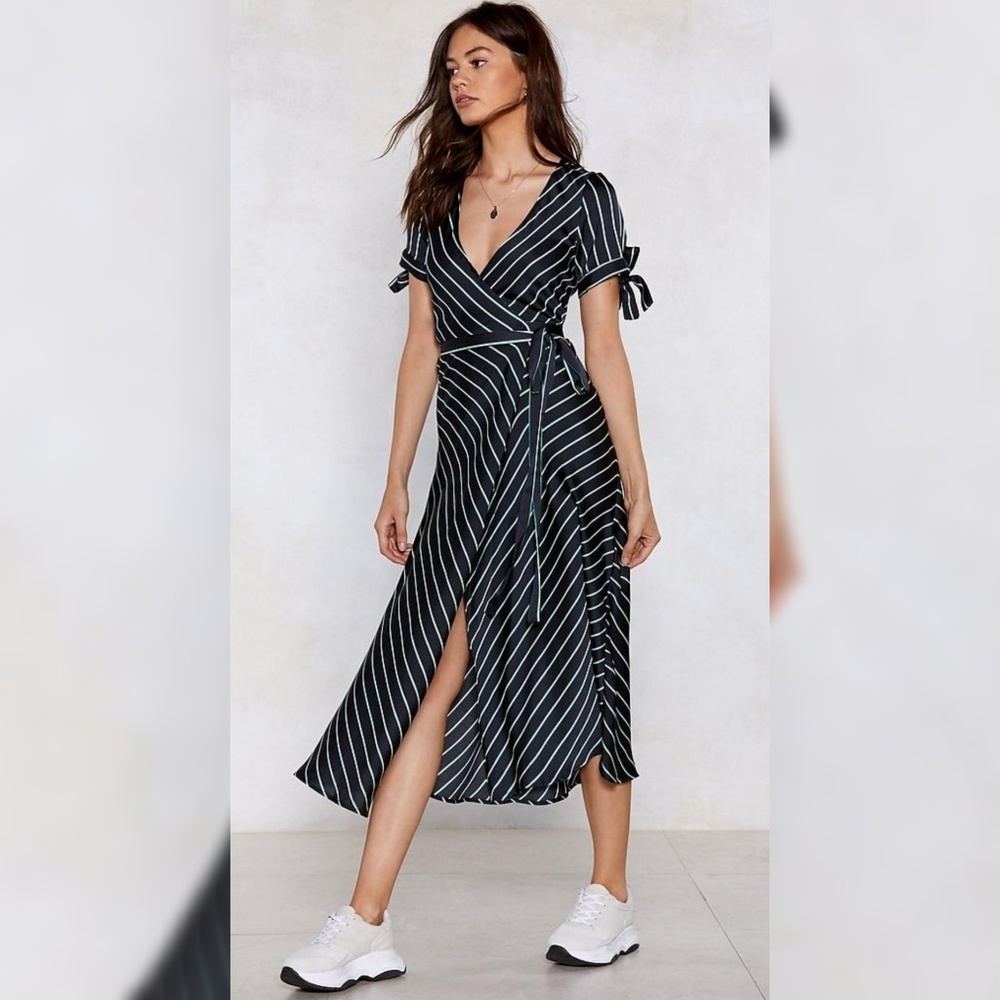 Green and Navy Striped Midi Wrap Dress